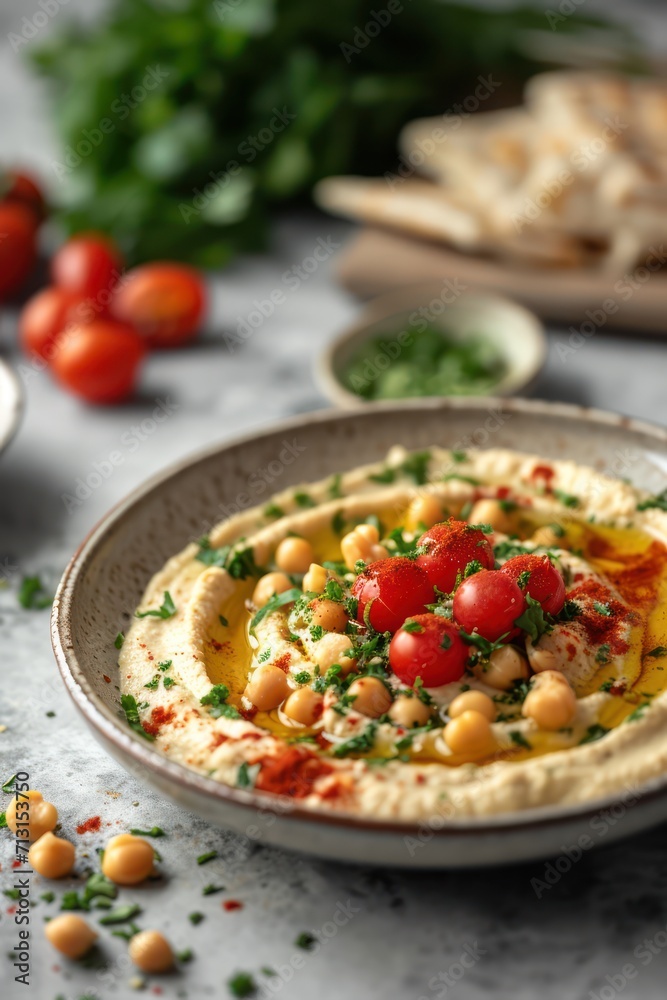 Traditional Classic Hummus on a plate. Food photography. Proper nutrition Traditional Classic Hummus on a plate. Food photography. Proper nutrition