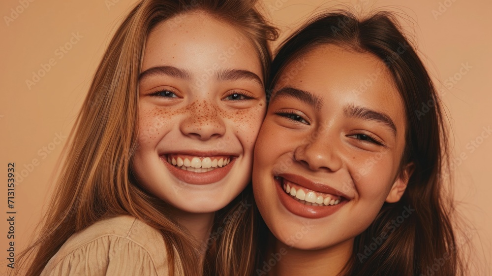 Students, sporting stylish hair, create a joyful beauty portrait in a studio.