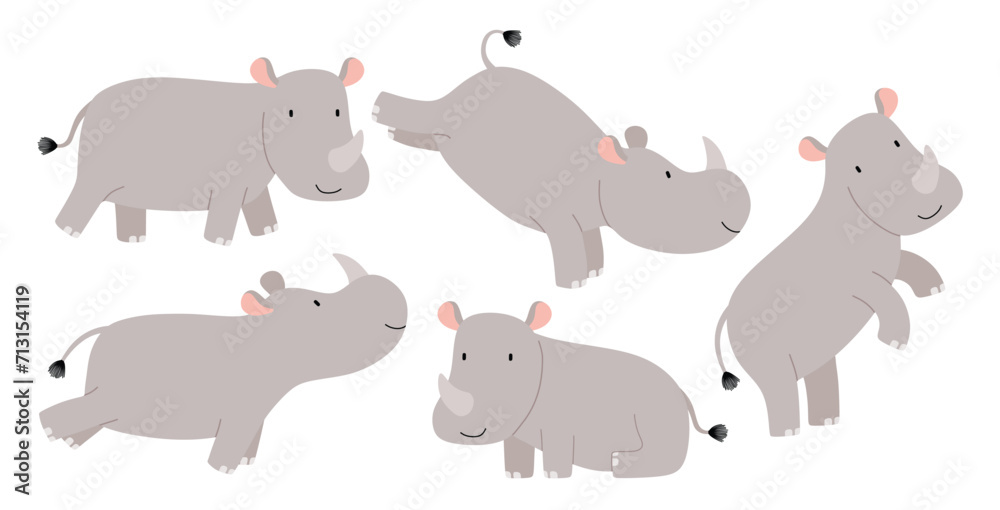 Cute rhino drawing cartoon character flat vector illustrations set. Cute rhino drawing cartoon character flat vector illustrations set.