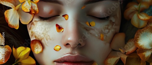 A woman's serene face with closed eyes, adorned with delicately placed flower petals, evoking tranquility and beauty