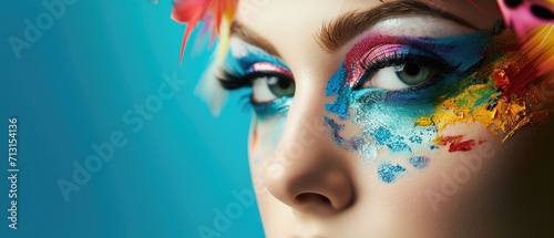 Close-up of a woman's face with detailed, artistic makeup, emphasizing creativity and beauty trends