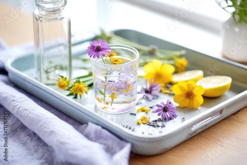 handcrafted gin and tonic with edible flowers on tray