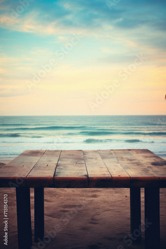 Wooden table ocean bokeh background  empty wood desk surface product display mockup with blurry sea water sunny beach abstract summer travel backdrop advertising presentation. Mock up  copy space.