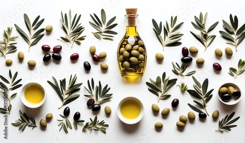Olive oil with olives on the white background photo