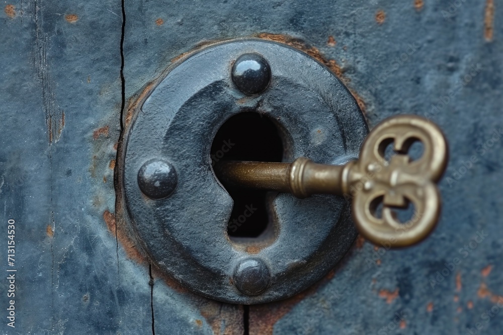 An old designer key with a lock decoration lies on a wooden background