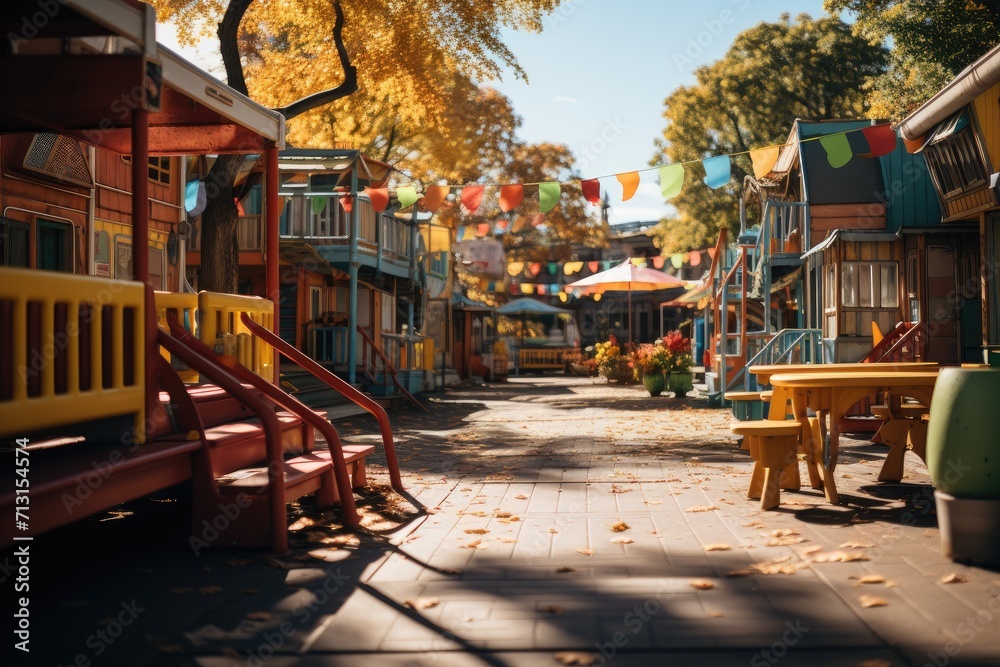 Fototapeta premium A vibrant city street lined with a row of colorful houses, surrounded by autumn trees and outdoor furniture, creating a lively public space filled with playful playgrounds, inviting benches, and cozy