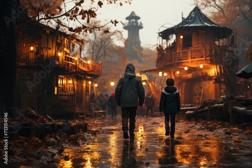 A father and his son braving the dreary weather, their boots splashing against the wet ground as they make their way down the foggy street, surrounded by bare trees and looming buildings, their warm 