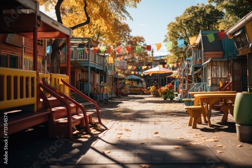 A vibrant city street lined with a row of colorful houses, surrounded by autumn trees and outdoor furniture, creating a lively public space filled with playful playgrounds, inviting benches, and cozy