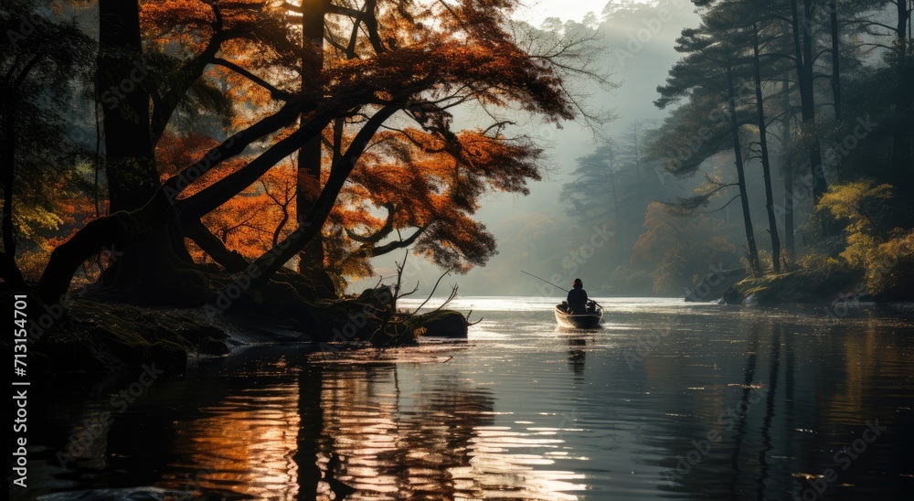 Fototapeta premium As the autumn mist descends upon the tranquil lake, a lone figure in a boat drifts amidst the reflection of colorful trees, embracing the peacefulness of nature's embrace