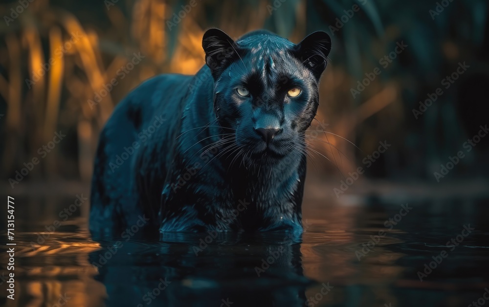 A majestic black panther gracefully emerges from the shimmering water, its powerful mammal body glistening in the sunlight as it surveys its wild surroundings