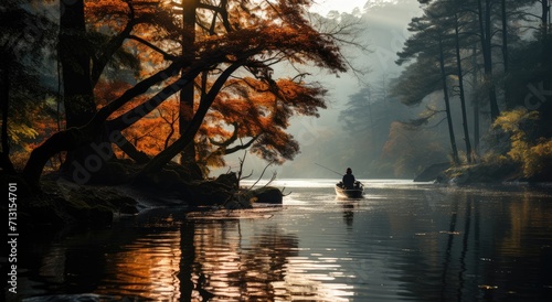 As the autumn mist descends upon the tranquil lake, a lone figure in a boat drifts amidst the reflection of colorful trees, embracing the peacefulness of nature's embrace