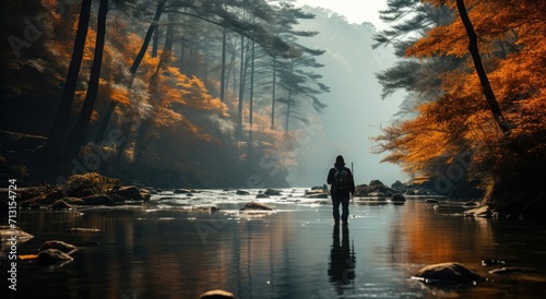 As the sun sets on a foggy autumn landscape, a person stands in the river, surrounded by trees and the tranquil waters of the lake, reflecting the beauty of nature