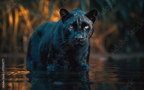 A majestic black panther gracefully emerges from the shimmering water, its powerful mammal body glistening in the sunlight as it surveys its wild surroundings