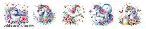 Watercolor cute unicorn on white background.