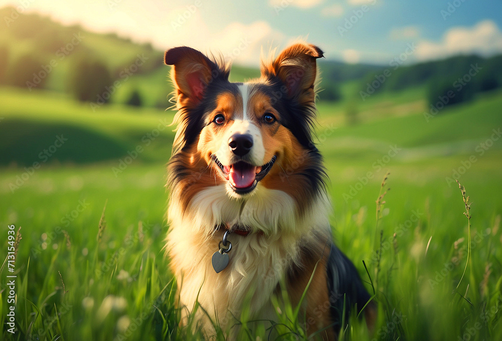 Illustration of a happy Collie dog in the field. AI-generated.