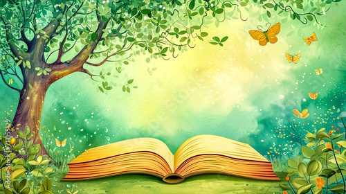 open storybook nestled in a lush, verdant landscape with a magical tree, floating butterflies, and a sparkling, sunlit backdrop