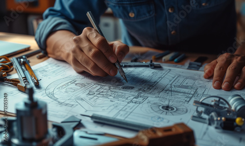 Mechanical Engineer Drafting Technical Drawings. Detailed hand-drawing of mechanical components on drafting paper.