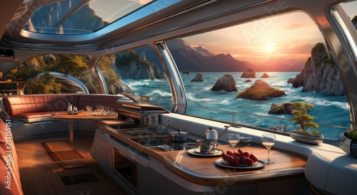 A ship-shaped kitchen with a breathtaking view of the ocean and mountains, surrounded by tranquil waters and adorned with indoor nautical decor