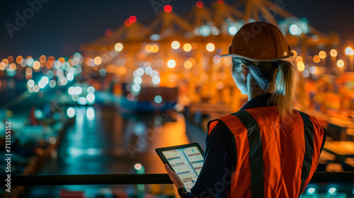 Logistics Professional Overseeing Port Operations. Female engineer with tablet monitoring shipping activity at night.