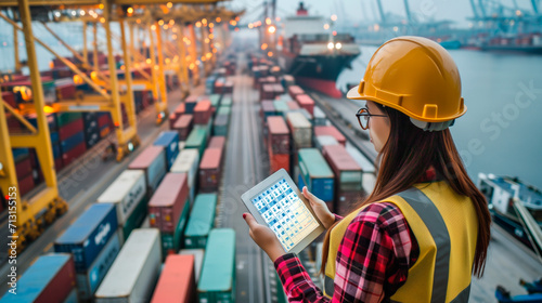 Shipping Coordinator Managing Logistics with Tablet at Port. Female engineer with digital tablet overseeing cargo containers at busy port.