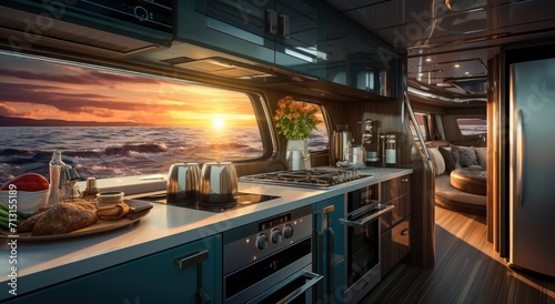 A modern kitchen with sleek appliances and ocean views, featuring a spacious island and fully stocked cabinets for a serene cooking experience