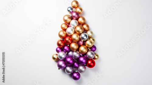 Captivating Christmas Composition: Creative New Year Tree with Shiny Balls on White Background, Perfect for Holiday Promotions and Festive Designs.