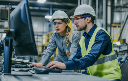 Engineers Analyzing Data on Computer in Factory. Two focused engineers with hard hats using computer at industrial plant.