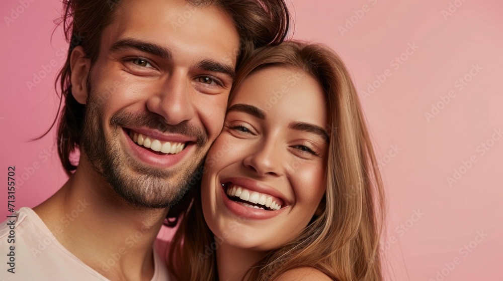 Radiant smiles from a stylish Caucasian couple in a studio with ample lighting. Radiant smiles from a stylish Caucasian couple in a studio with ample lighting.