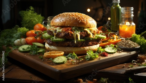 An enticing american meal of a juicy hamburger and fresh vegetables atop a rustic wooden board, perfect for a quick brunch indoors with a side of your favorite baked goods and a refreshing drink