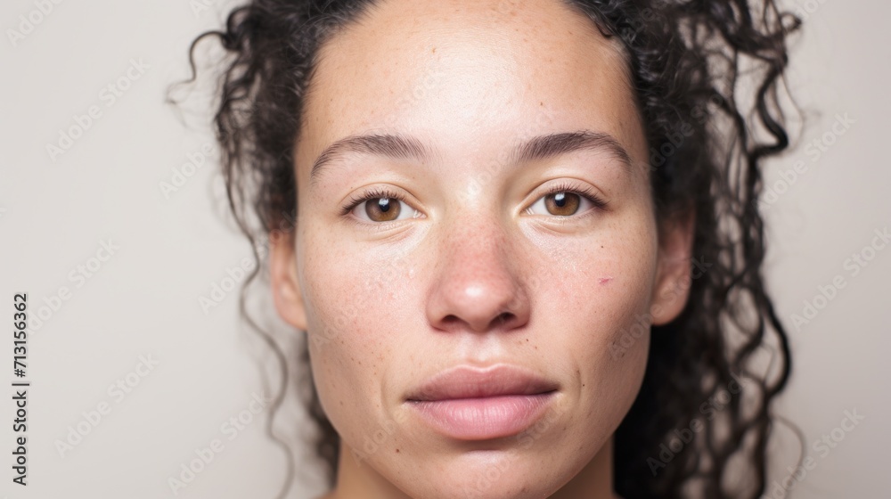 A detailed close-up showcasing a Caucasian woman's imperfect skin as she confidently looks into the camera against a light beige studio setting. A detailed close-up showcasing a Caucasian woman's imperfect skin as she confidently looks into the camera against a light beige studio setting.