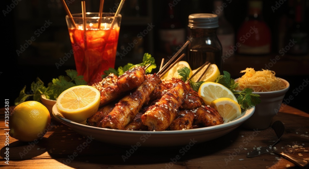 A tantalizing spread of citrus-infused cuisine, complete with a refreshing lemon cocktail and succulent skewered kebabs, awaits on the table of an indoor restaurant for a delectable meal of fried del A tantalizing spread of citrus-infused cuisine, complete with a refreshing lemon cocktail and succulent skewered kebabs, awaits on the table of an indoor restaurant for a delectable meal of fried del