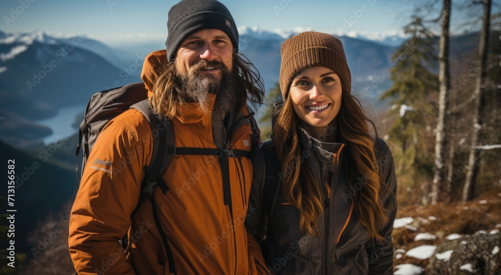 Amidst the snow-capped mountain, a couple stands proudly in their winter gear, smiling at the vast expanse of sky and nature before them, embodying the beauty and resilience of human connection and a Amidst the snow-capped mountain, a couple stands proudly in their winter gear, smiling at the vast expanse of sky and nature before them, embodying the beauty and resilience of human connection and a