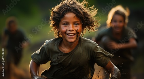 A joyful child revels in the freedom of the outdoors, their face smeared with mud and a contagious smile on their clothing-clad form