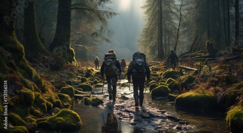 A winter hike through the foggy forest, crossing a river and surrounded by towering trees and lush plants, carrying backpacks on their backs