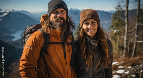 Amidst the snow-capped mountain, a couple stands proudly in their winter gear, smiling at the vast expanse of sky and nature before them, embodying the beauty and resilience of human connection and a