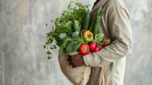 A man at the farmers market holds a fabric eco bag filled with fresh veggies.