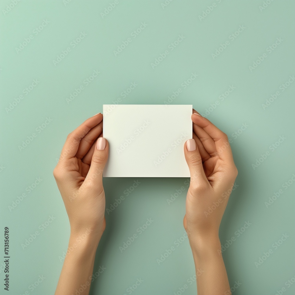 woman hands holding blank card on a pale green background woman hands holding blank card on a pale green background