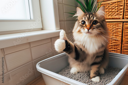 happy Cute cat sitting in litter box and looking sideways shows paw thumbs up, animal care concept photo