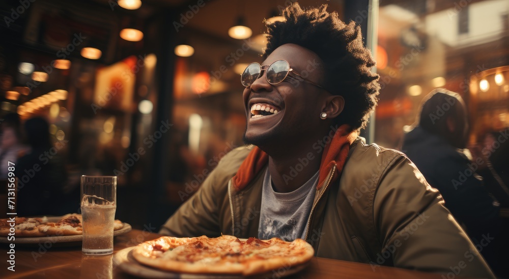 A man happily enjoys a delicious slice of pizza while sitting at an indoor table, accompanied by a woman, wearing glasses and sipping on a refreshing drink A man happily enjoys a delicious slice of pizza while sitting at an indoor table, accompanied by a woman, wearing glasses and sipping on a refreshing drink