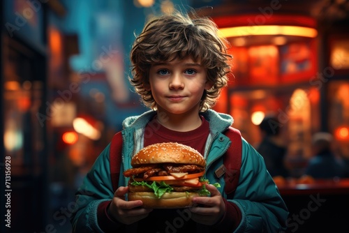 A young boy indulges in the iconic american snack food  holding a mouth-watering burger with a freshly toasted bun  set against the backdrop of a bustling fast food joint