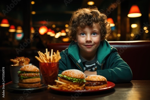 A young boy indulges in a fast food meal at a restaurant  savoring every bite of his juicy hamburger and crispy fries while surrounded by tempting baked goods on the table