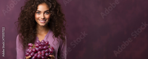 Wide illustration of young beautiful cheerful woman with fruits. Grapes. Place for text. Positive emotions. healthy lifestyle. Poster, invitation, flyer, banner, email header. Generative Ai content