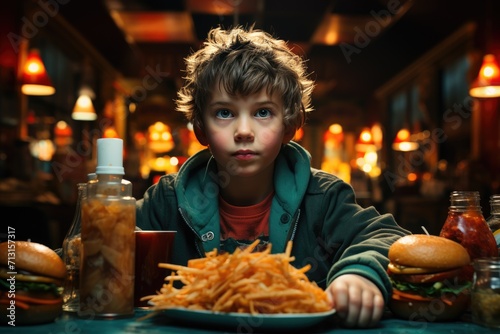 A young boy indulges in a quick snack of golden french fries at an indoor restaurant, his face full of joy as he enjoys the fast food cuisine
