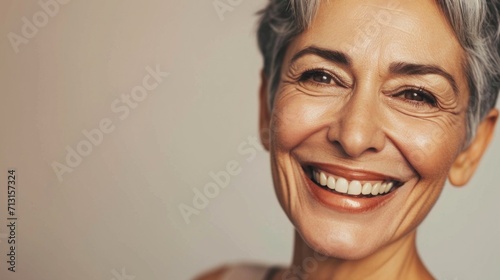 A radiant elderly lady, wrinkles adding character, smiles against a clean studio background.