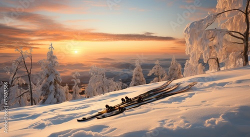 As the sun sets over the snowy mountain landscape, a group of skis stand ready to conquer the freezing piste amidst the blizzard, surrounded by the tranquil beauty of nature and the promise of an exh