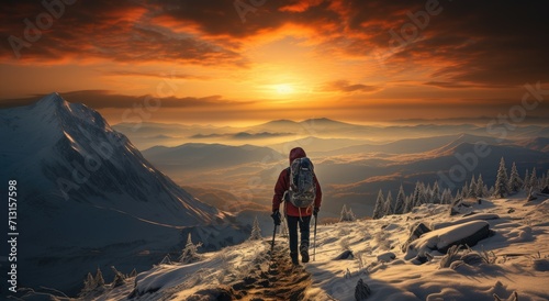 A solitary mountaineer stands atop a snowy peak, watching the sun rise over the rugged glacial landscape