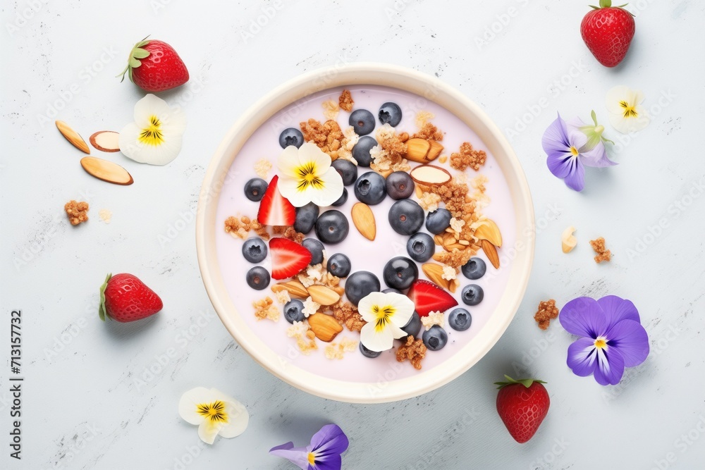 high angle view of a berry smoothie bowl with granola high angle view of a berry smoothie bowl with granola