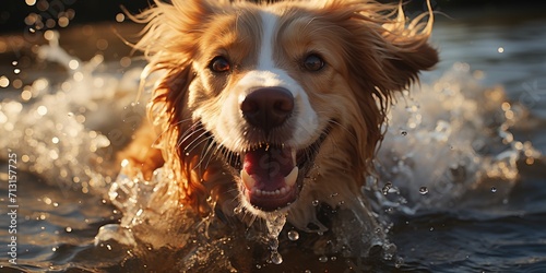 A majestic brown sporting dog breed leaps fearlessly into the refreshing waters of the great outdoors, embracing its natural instincts and playful spirit as a beloved pet © Larisa AI