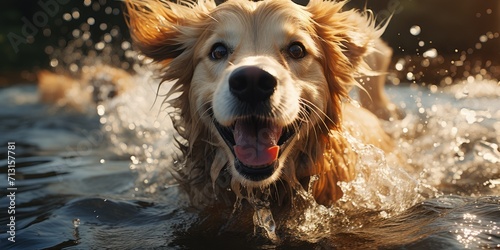 A wet, energetic dog of a mysterious breed bounces joyfully through the crystal clear water, with his snout playfully poking out and his mouth wide open in a happy bark photo