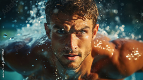 Close up of a swimmer face under the water in a pool. Handsome and strong body. Water sports concept. Generative AI © AngrySun